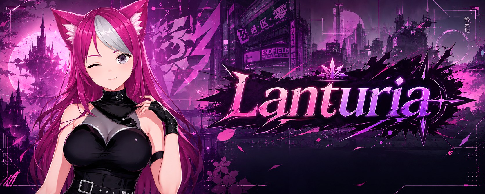Lanturia, VTuber de cabelos rosa, em uma cidade futurista roxa e rosa